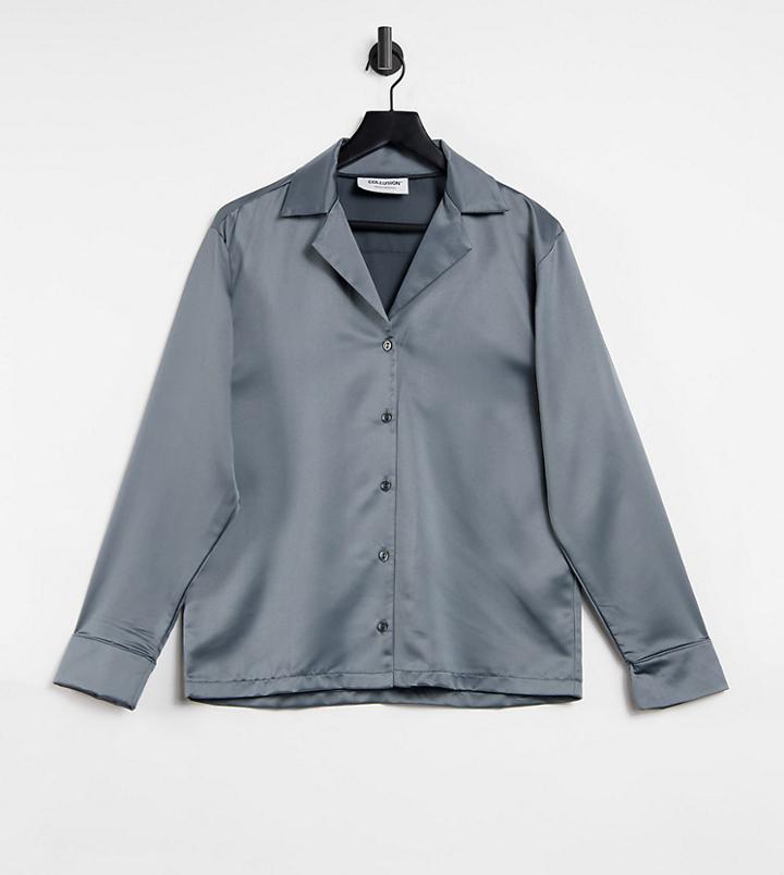 Collusion Satin Camp Collar Shirt In Silver Set-gray