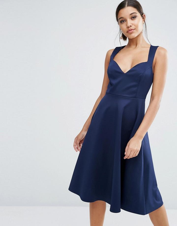 Asos Deep Plunge Scuba Skater Sweetheart Midi Dress - Navy