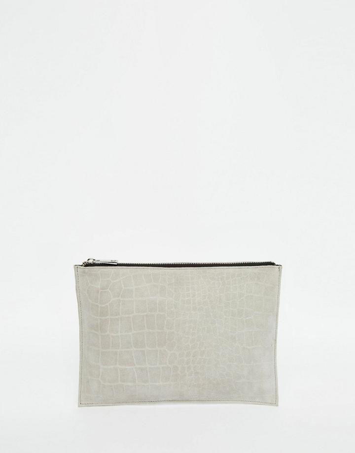 Asos Suede Croc Embossed Zip Top Clutch Bag - Gray