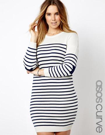 Asos Curve Sweater Dress In Breton Stripe With Star Elbow Patches