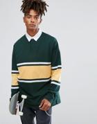 Asos Oversized Long Sleeve Rugby Polo Shirt With Contrast Panelling In Green - Green