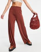 Asos Design Elasticized Waist Satin Wide Leg Pant In Rust-brown