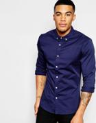 Asos Skinny Shirt In Navy Twill With Long Sleeves - Navy
