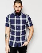 Farah Shirt With Large Check Slim Fit Short Sleeves - Navy