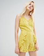 J.o.a Cami Strap Romper In Delicate Lace With Ruffle Detail - Yellow