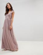 Little Mistress All Over Lace Scallop Back Plunge Front Maxi Dress - Gray