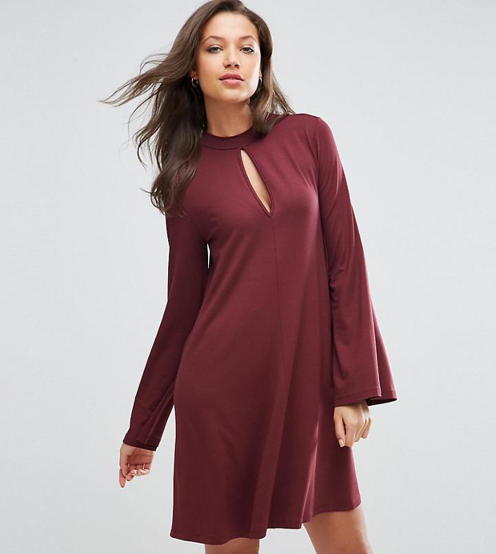 Asos Tall Swing Dress With Long Sleeves And Keyhole - Red