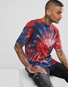 Asos Oversized Longline T-shirt With Spiral Tie-dye In Navy & Red - Navy