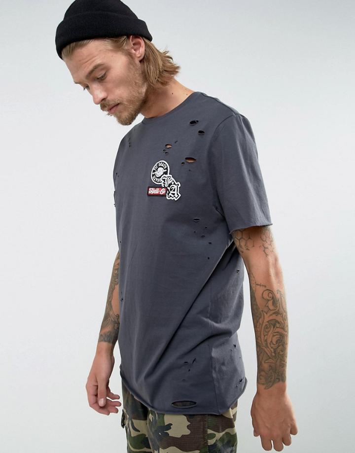 Asos Longline T-shirt With Skull Badges And Distressing In Washed Black - Gray