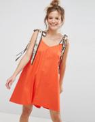 Asos Cotton Sundress With Scarf Print Tie Straps - Orange