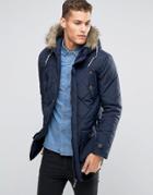 Brave Soul Quilted Parka Jacket With Faux Fur Trim Hood - Navy