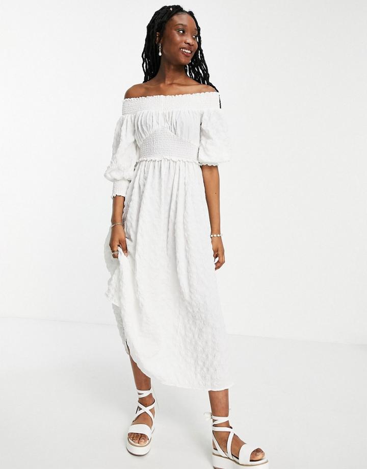 Asos Design Off Shoulder Shirred Waist Textured Maxi Dress In White