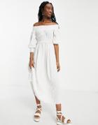 Asos Design Off Shoulder Shirred Waist Textured Maxi Dress In White