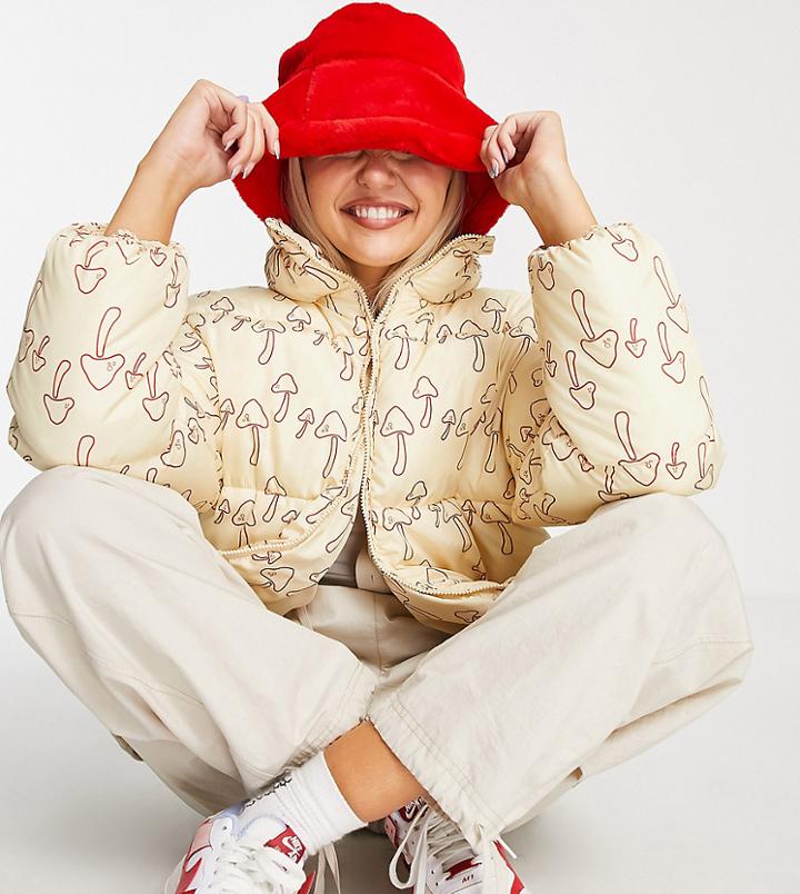 Native Youth Oversized Padded Jacket In Mushroom Drawing Print-multi