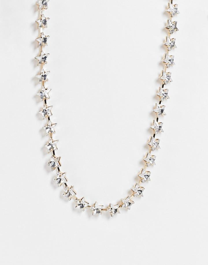 Asos Design Necklace In Crystal Star In Gold Tone
