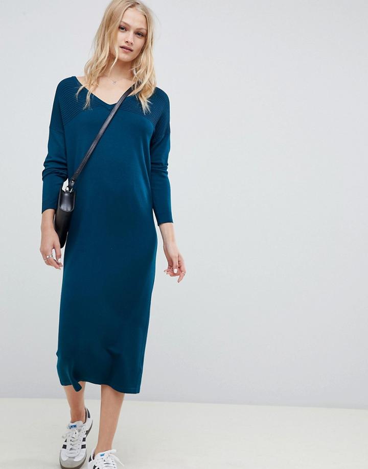 Asos Design Midi Sweater Dress With V Neck And Ripple Stitch - Green