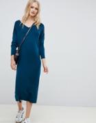Asos Design Midi Sweater Dress With V Neck And Ripple Stitch - Green