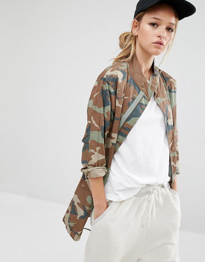 Daisy Street Parka Jacket In Camo - Khaki Multi