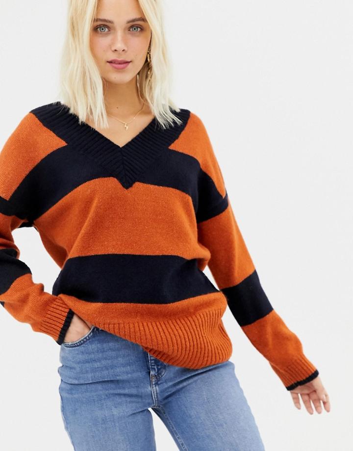 Miss Selfridge V Neck Sweater In Stripe - Multi