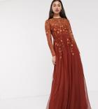 Asos Design Tall Long Sleeve Maxi Dress In Embroidered Mesh-brown