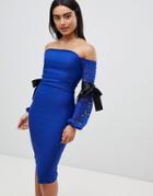 Vesper Bardot Lace Detail Midi Dress - Blue
