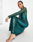 Goddiva Long Sleeved Sequin Maxi Dress With Fishtail In Emerald Green