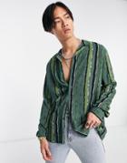 Asos Design Relaxed Camp Collar Shirt With Painted Style Stripes In Green