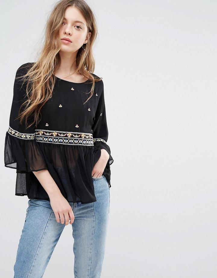 Vero Moda Printed Peplum Top - Black