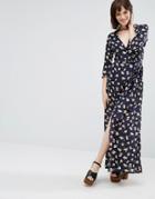 Goldie Great Lengths Floral Long Sleeved Maxi Dress With Leg Split - Blue