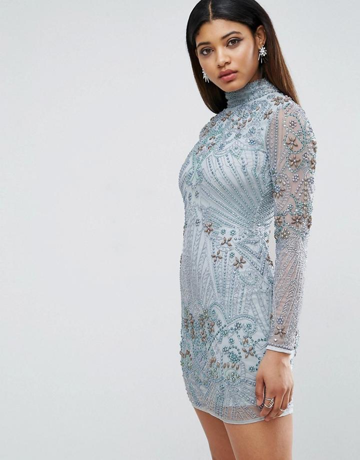 Asos Red Carpet Long Sleeve Pearl Mini Dress - Blue