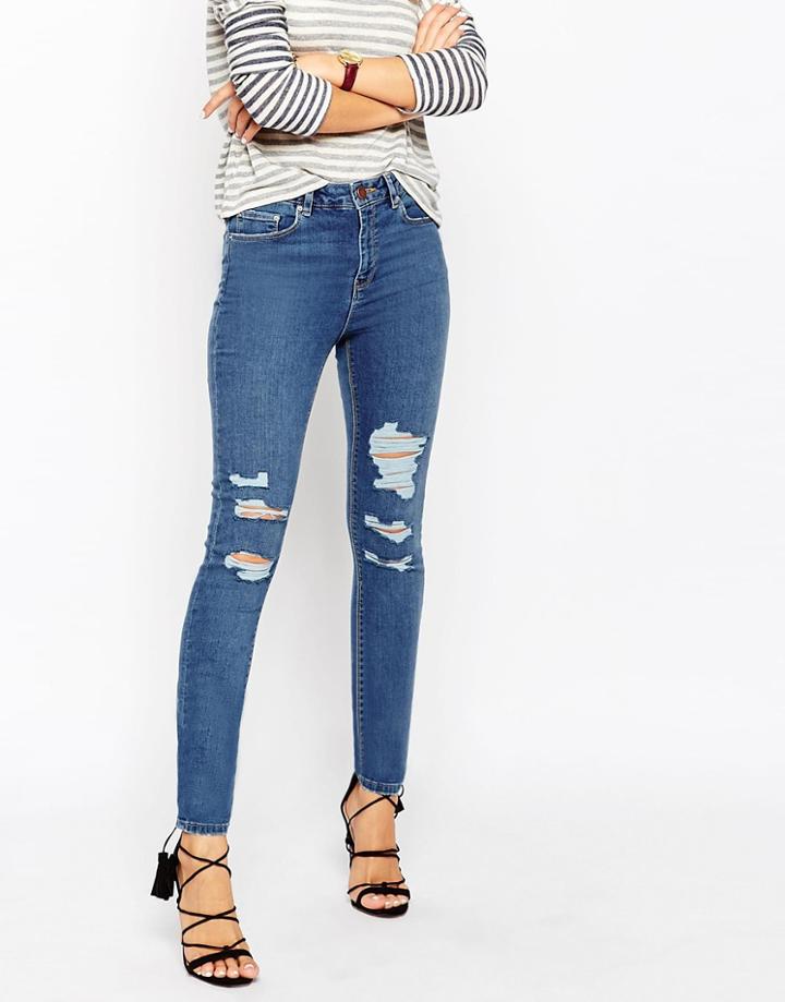 Asos Ridley Skinny Jeans In Louis Mid Stone Wash With Shredded Rips - Mid Stone Wash