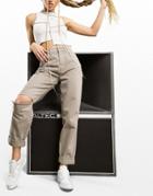 Asos Design High Rise 'slouchy' Mom Jean In Mushroom With Knee Rips-grey