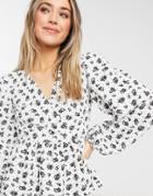 Asos Design Textured Wrap Top With Peplum In Floral Print In White With Long Sleeve
