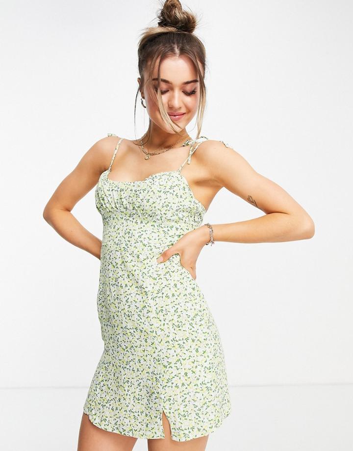 Pull & Bear Cami Dress With Frill Hem In Blue And Lemon Print-multi