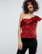 Asos Premium Structured Satin One Shoulder Top With Ruffle - Red