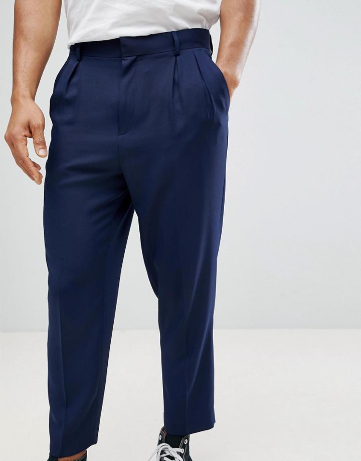 Asos Tapered Smart Pants With Double Pleats In Navy - Navy