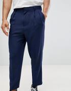 Asos Tapered Smart Pants With Double Pleats In Navy - Navy