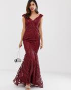 City Goddess All Over Lace And Sequin Fishtail Maxi Dress - Red