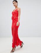 Love Triangle Ruffle Lace Maxi Dress With Cross Back In Red - Red