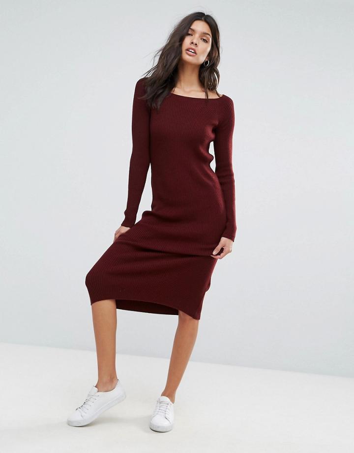 Asos Knitted Dress With Off Shoulder In Rib - Red