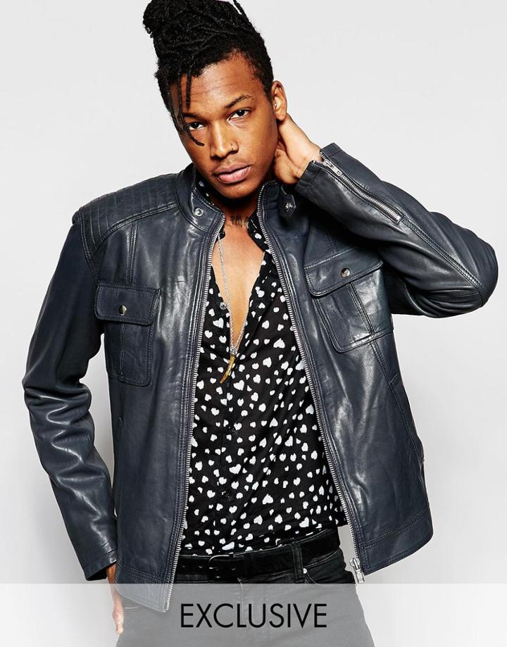 Black Dust Leather Biker Jacket With Pockets - Gray