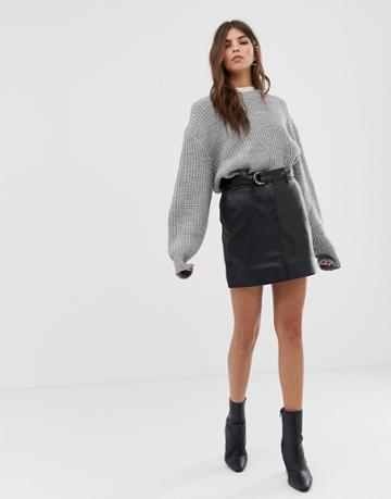 Lab Leather Belted Skirt - Black