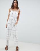 Asos Design Jumpsuit Minimal With Ties In White Check - Multi