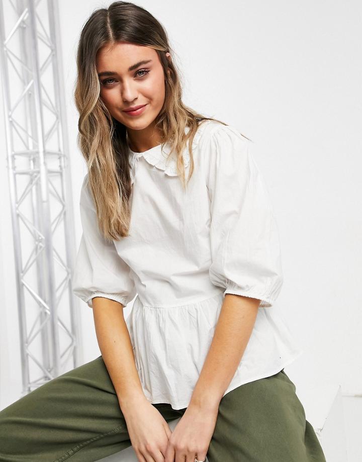 New Look Cutwork Poplin Collar Top In White