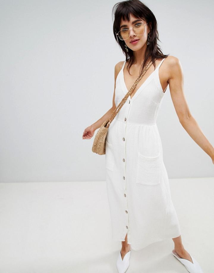 Stradivarius Button Front Linen Cami Dress - White