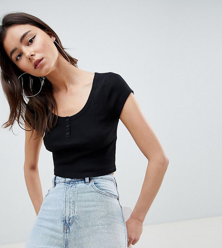Asos Design Tall Short Sleeve Crop Top With Button Front In Black - Black