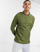 River Island Maison Long Sleeve Slim Polo In Khaki-green