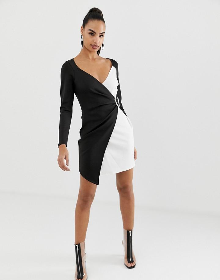 Asos Design Mono Color Block Wrap Mini Dress With Buckle-multi