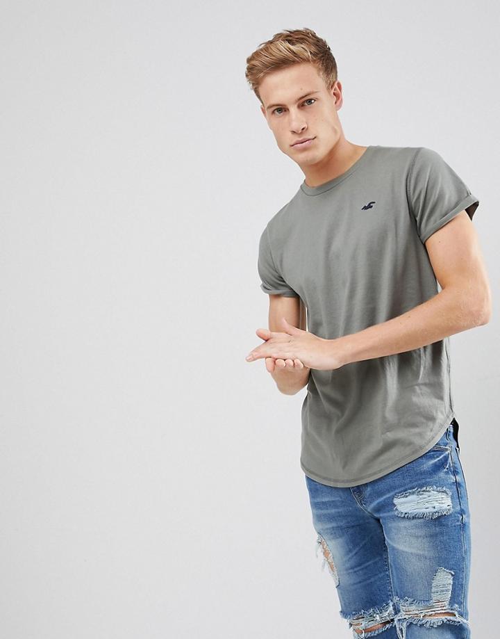 Hollister Curved Hem Crew Neck T-shirt Seagull Logo In Green - Green