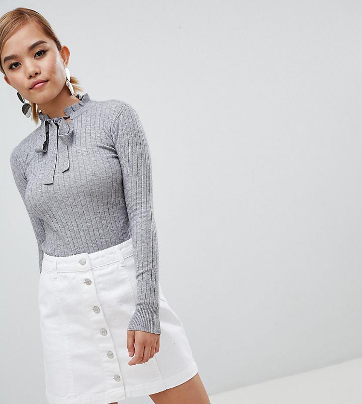 Fashion Union Petite Slim Fit Sweater With Tie Neck - Gray